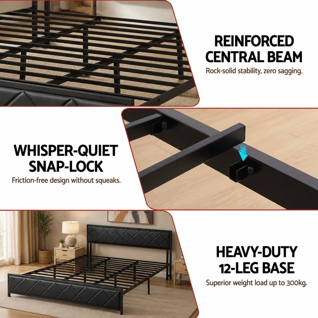 King Bed Frame with Storage Headboard and LED Lights Black