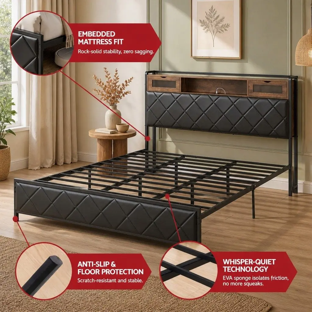 King Bed Frame with Storage Headboard and LED Lights Black