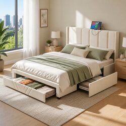 Double Bed Frame with Storage Drawers and Charging Station