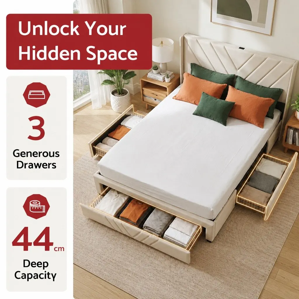 Double Bed Frame with Charging Station Storage Drawers Beige Upholstered