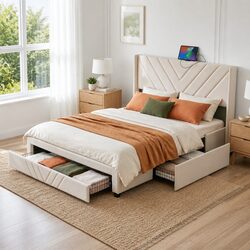 King Bed Frame Beige with Storage Drawers and USB Charging
