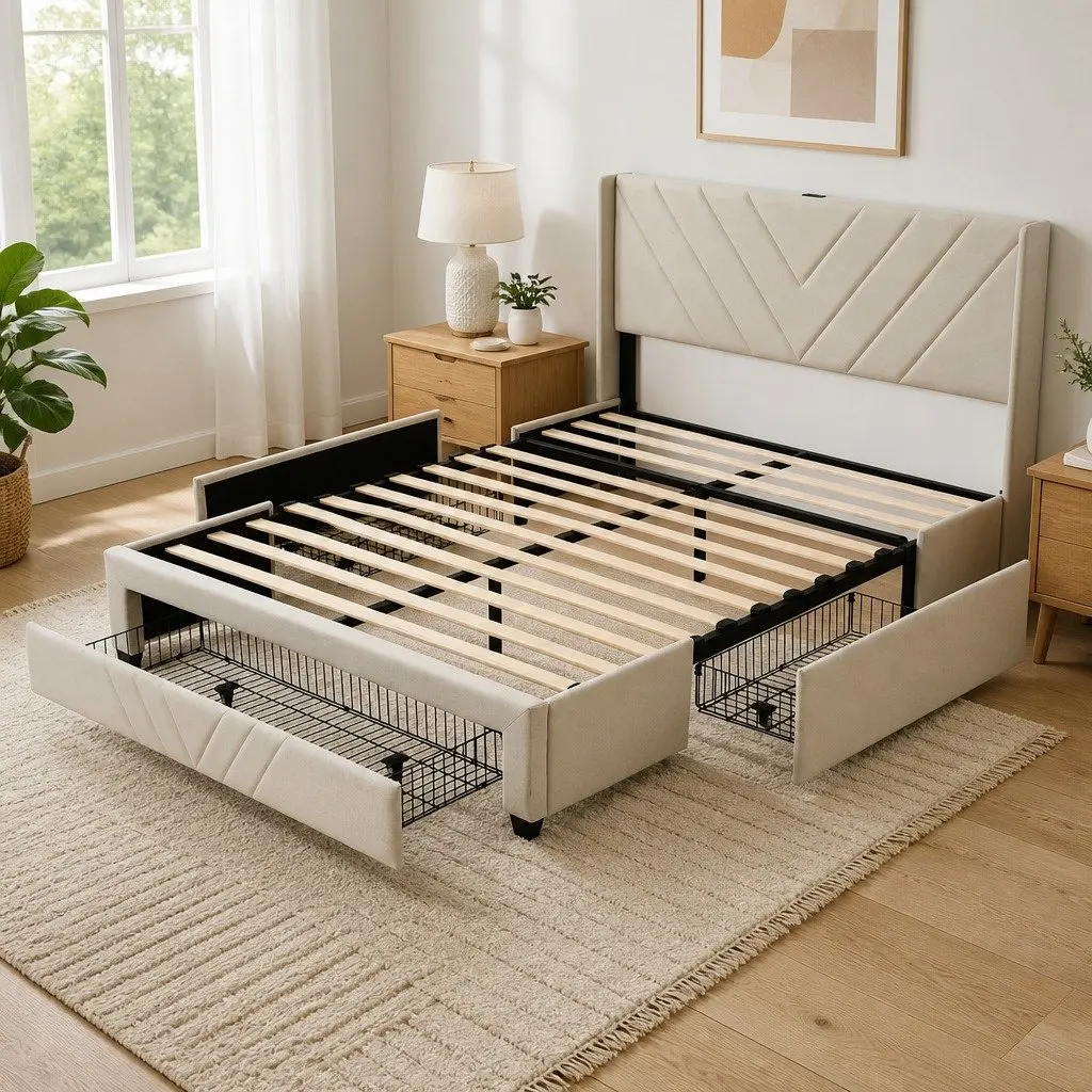 King Bed Frame with Charging Station and Storage Drawers Beige