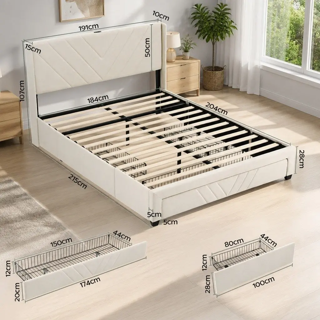 King Bed Frame with Charging Station and Storage Drawers Beige