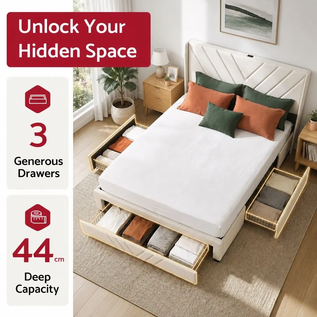 King Bed Frame with Charging Station and Storage Drawers Beige