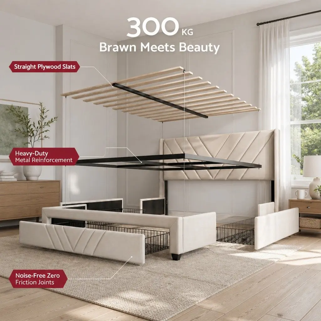 King Bed Frame with Charging Station and Storage Drawers Beige