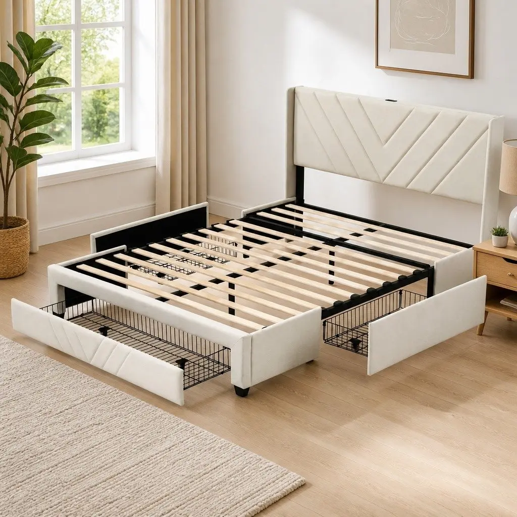 Queen Bed Frame with Charging Station Storage Drawers Beige 300KG Capacity