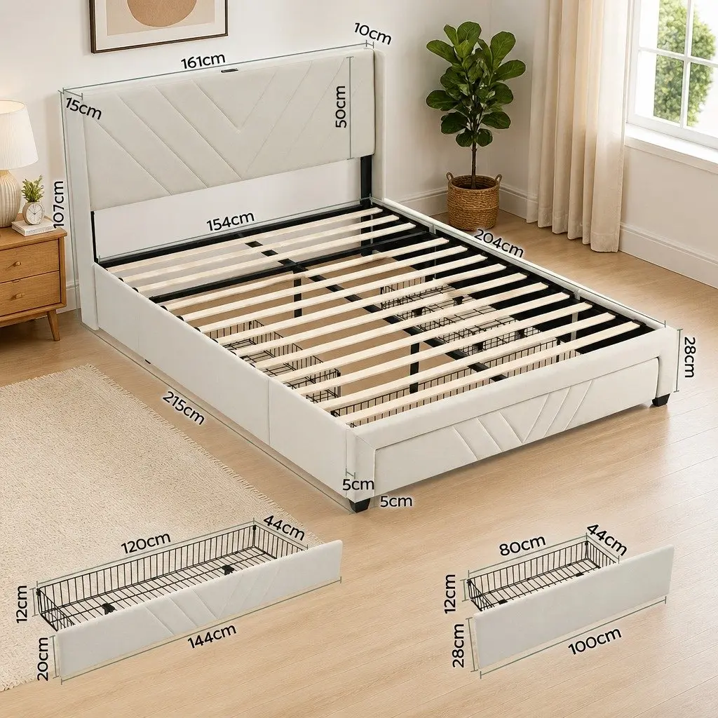 Queen Bed Frame with Charging Station Storage Drawers Beige 300KG Capacity