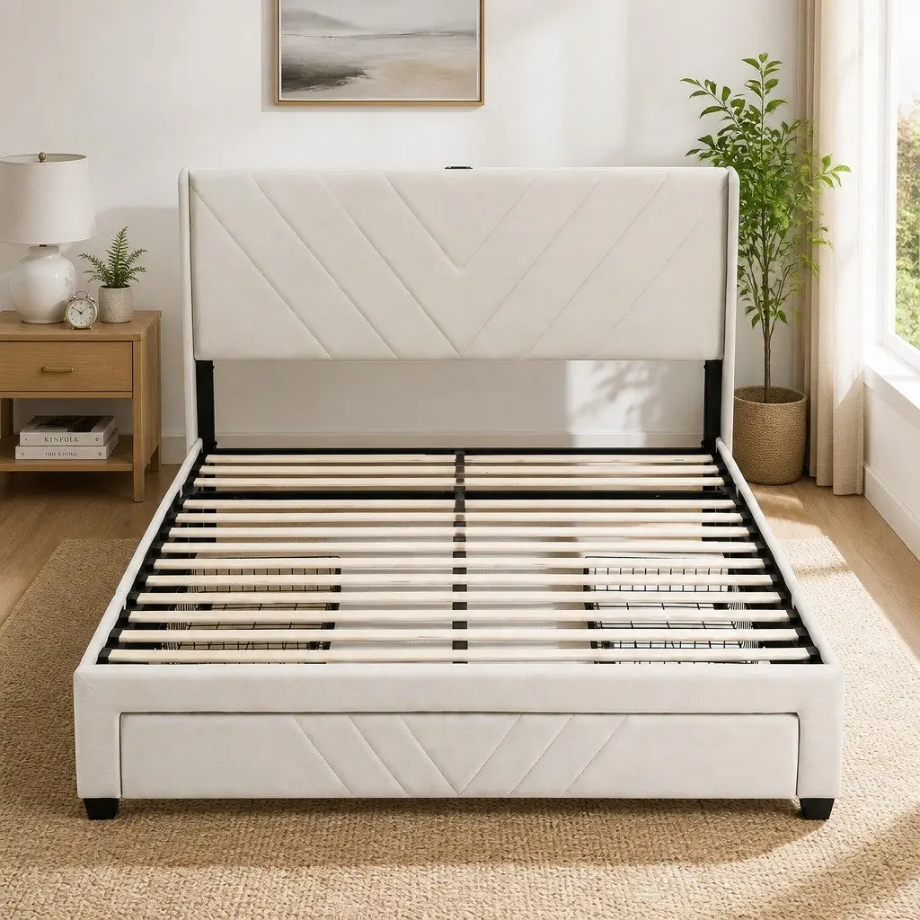 Queen Bed Frame with Charging Station Storage Drawers Beige 300KG Capacity