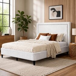 Queen Bed Frame with Metal Base and Fabric Headboard