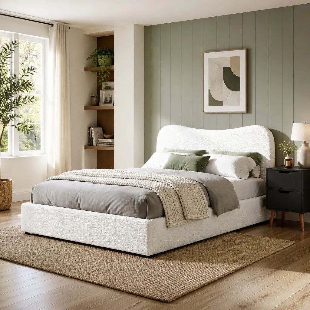 Double Bed Frame with Padded Headboard and Bedside Table Set Wooden Slats Double Beige and Black