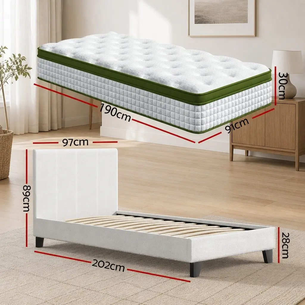 Single Bed Frame Medium Firm Hybrid Mattress Set White