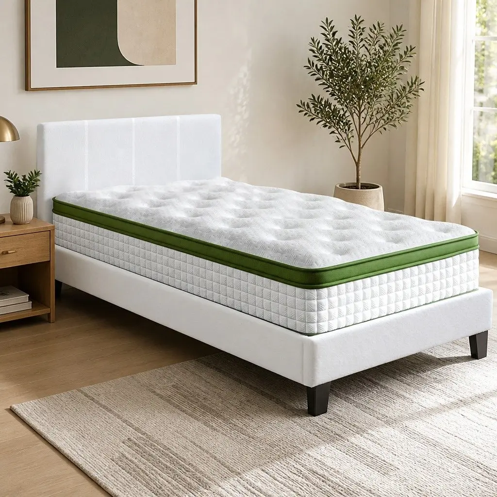 Single Bed Frame Medium Firm Hybrid Mattress Set White