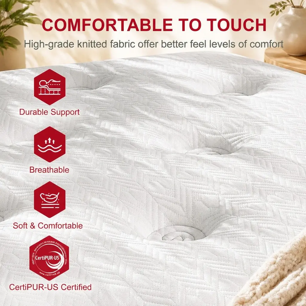 King Single Bed Frame with Hybrid Mattress Comfort White Boucle Upholstered Platform