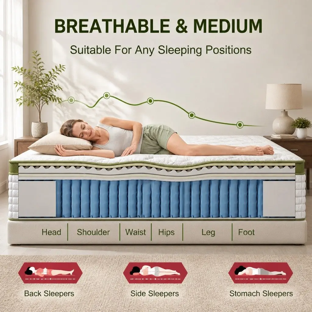 King Bed Frame with Padded Headboard Hybrid Mattress Medium Firm Grey