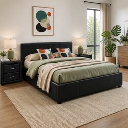 Black Queen Gas Lift Bed Frame and Matching Bedside Table Set