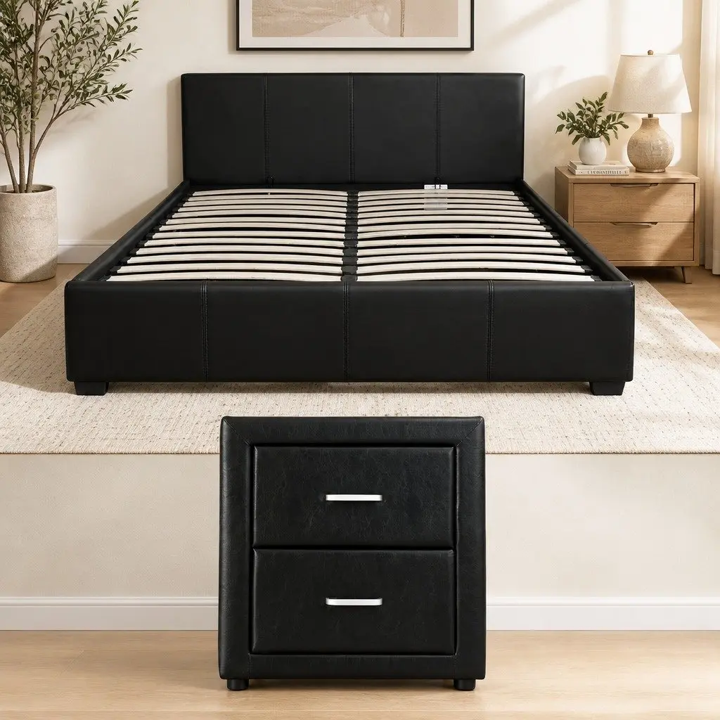 Gas Lift Bed Frame with Storage and Bedside Table Set Black Queen Size