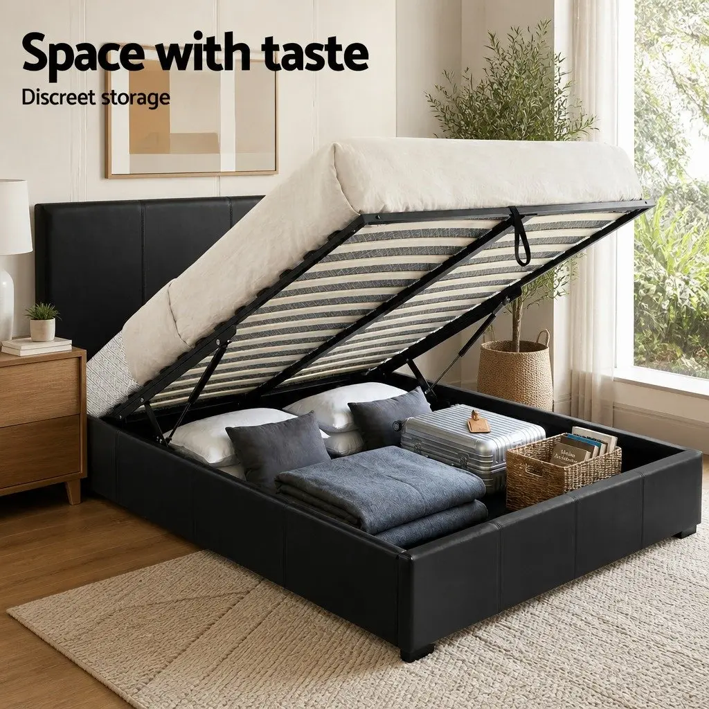 Gas Lift Bed Frame with Storage and Bedside Table Set Black Queen Size