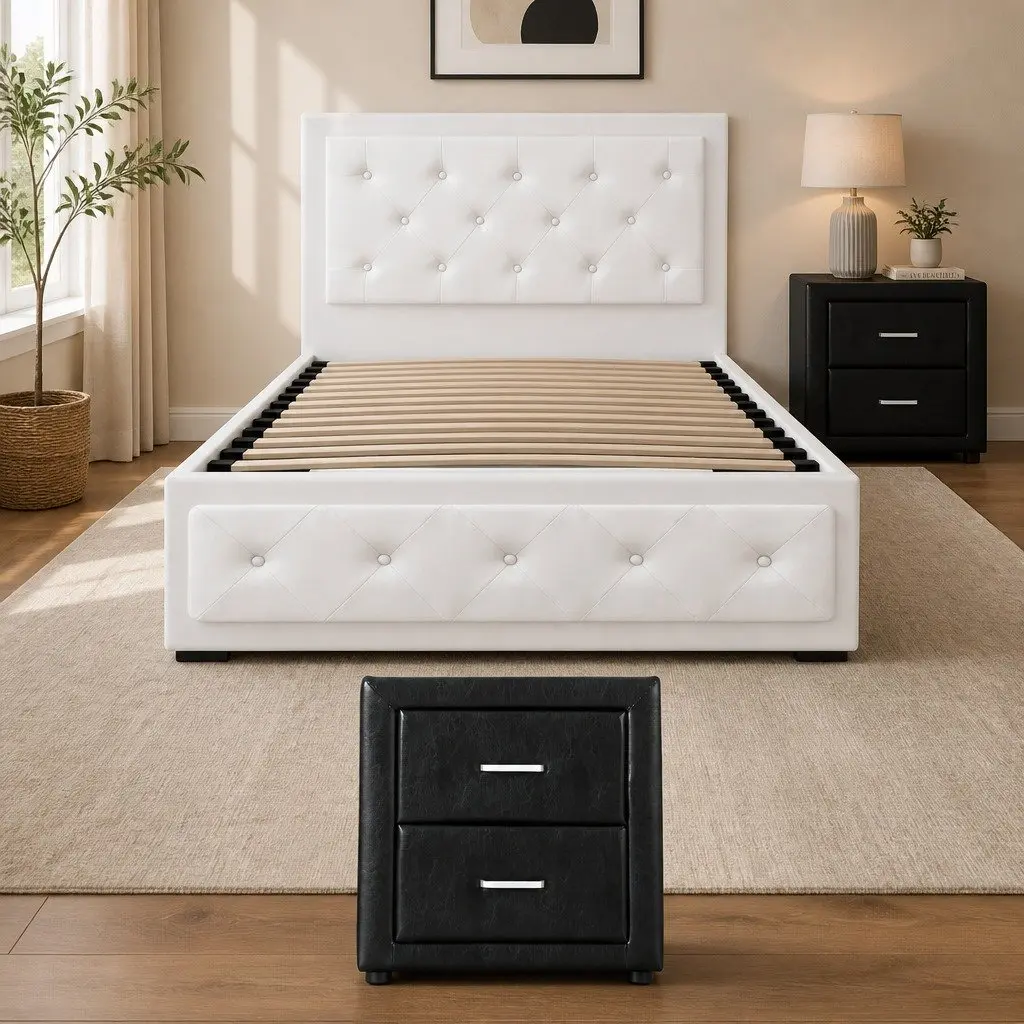 King Single Bed with Storage Feature and Matching Bedside Table Set Black White