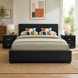 Black Queen Bed Frame with Gas Lift Storage and 2 Tables