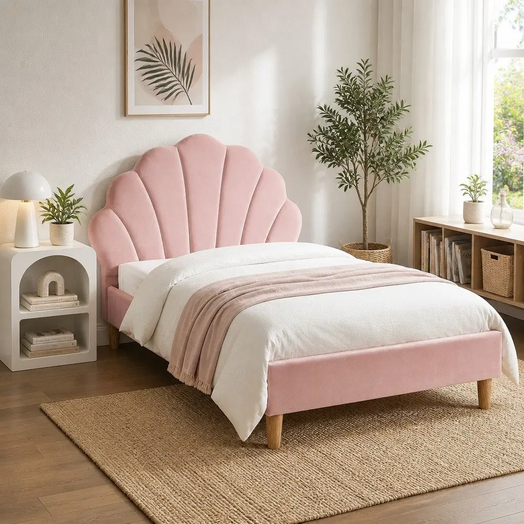 King Single Bed Frame with Scallop Headboard and Matching Bedside Table Storage Pink Velvet and White Wood