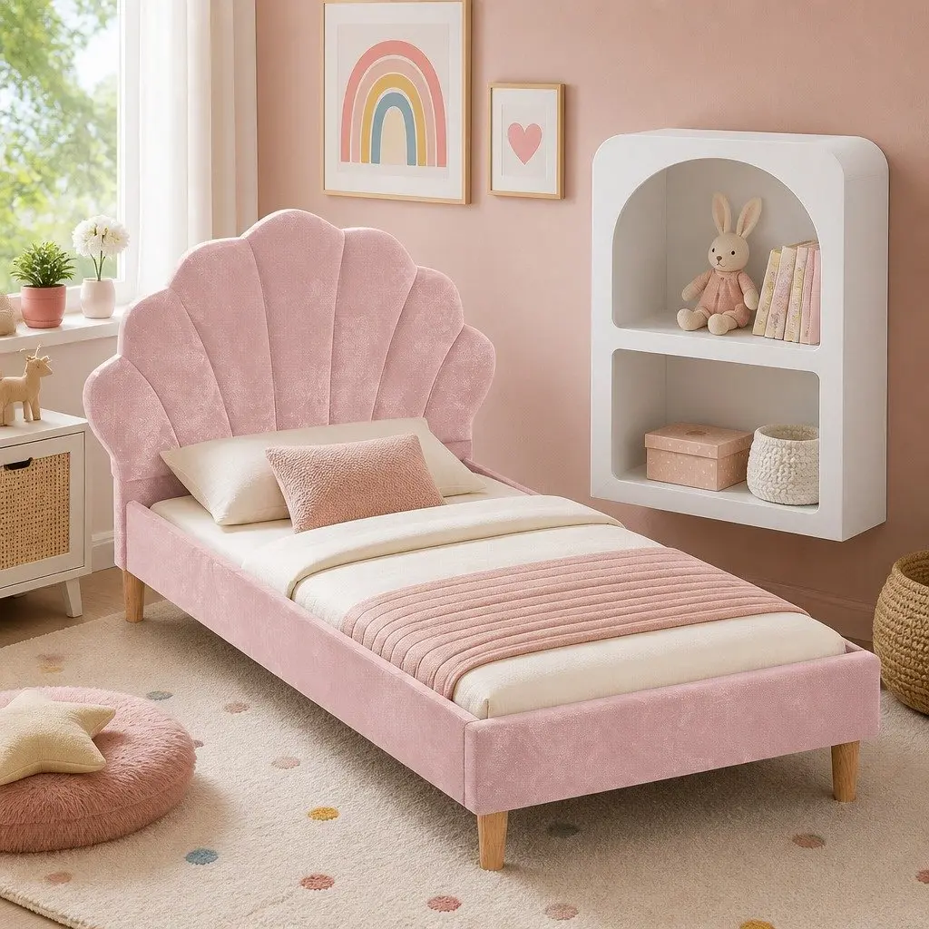 King Single Bed Frame with Scallop Headboard and Matching Bedside Table Storage Pink Velvet and White Wood