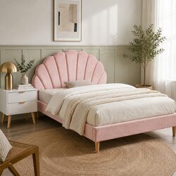 Double Bed Frame with Scallop Headboard and 2 Drawer Nightstand Set