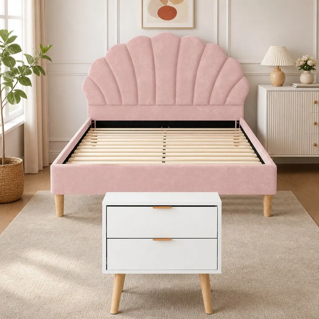 Double Bed Frame Velvet Scallop Headboard Pink with 2 Drawer Bedside Table Set