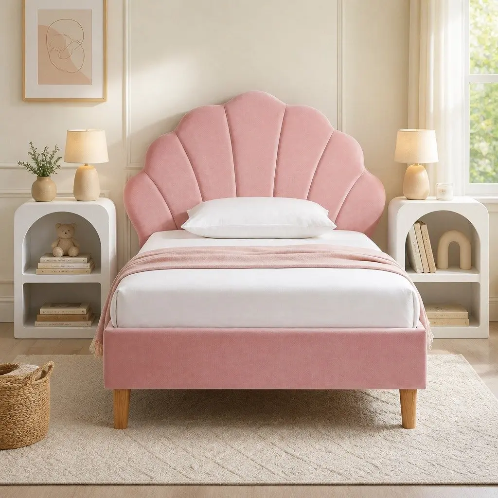 King Single Bed Frame with Scallop Headboard Pink Velvet and 2 White Bedside Tables