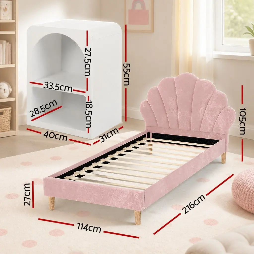King Single Bed Frame with Scallop Headboard Pink Velvet and 2 White Bedside Tables