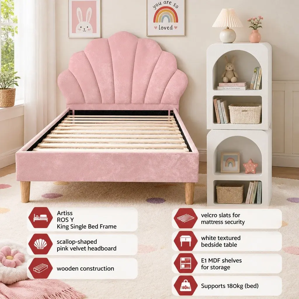 King Single Bed Frame with Scallop Headboard Pink Velvet and 2 White Bedside Tables