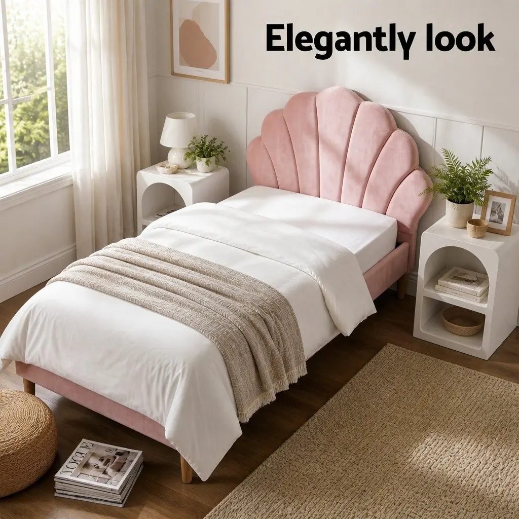 King Single Bed Frame with Scallop Headboard Pink Velvet and 2 White Bedside Tables