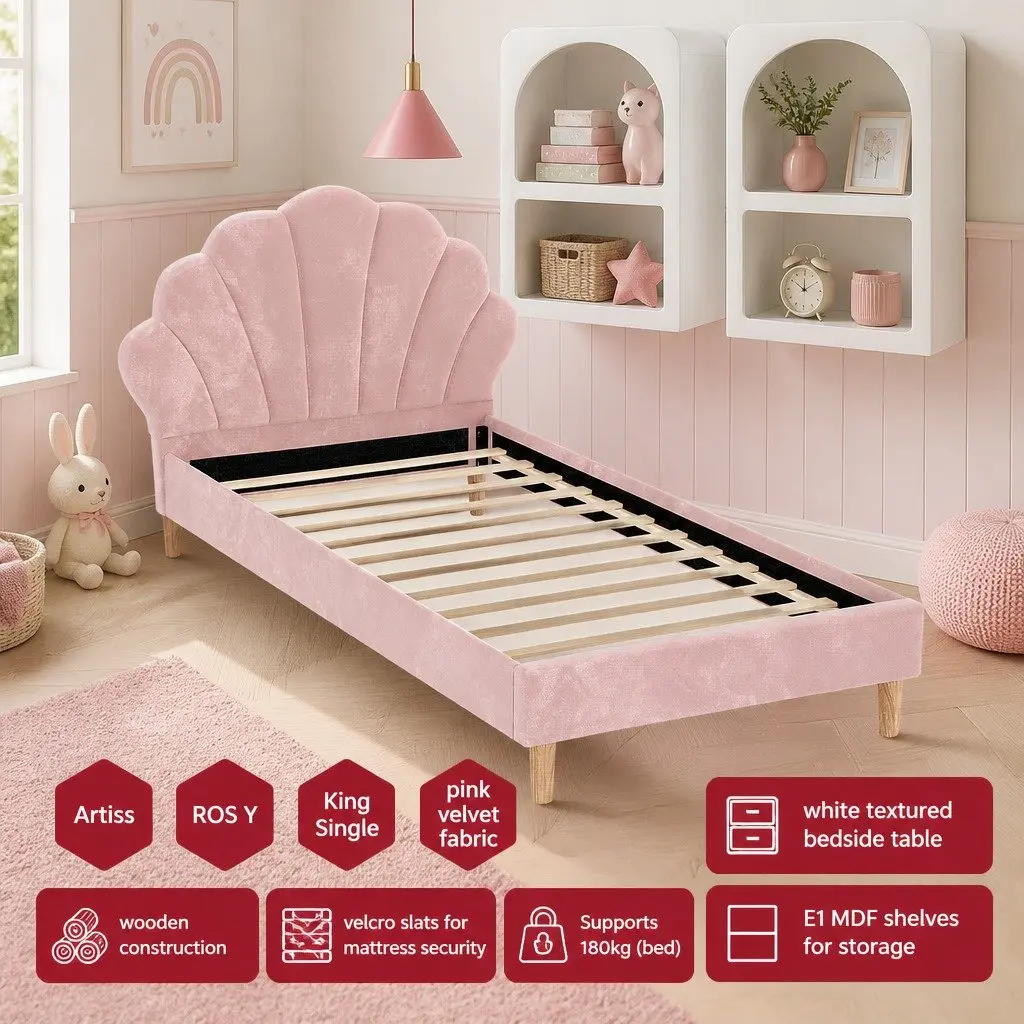 King Single Bed Frame with Scallop Headboard Pink Velvet and 2 White Bedside Tables