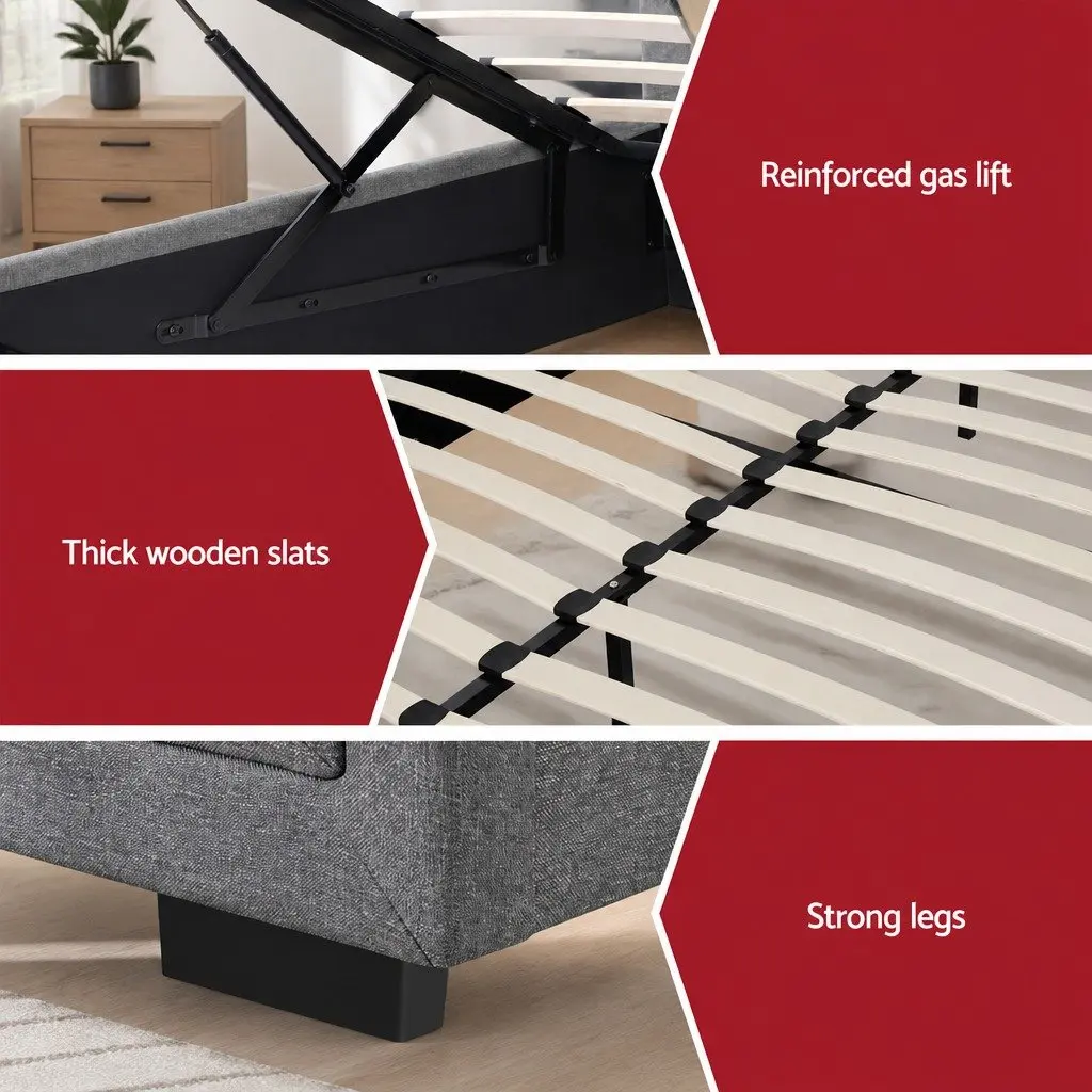 Queen Bed Frame with Gas Lift Storage and 2 Drawer Bedside Table Grey Linen Upholstered Contemporary Bedroom Furniture