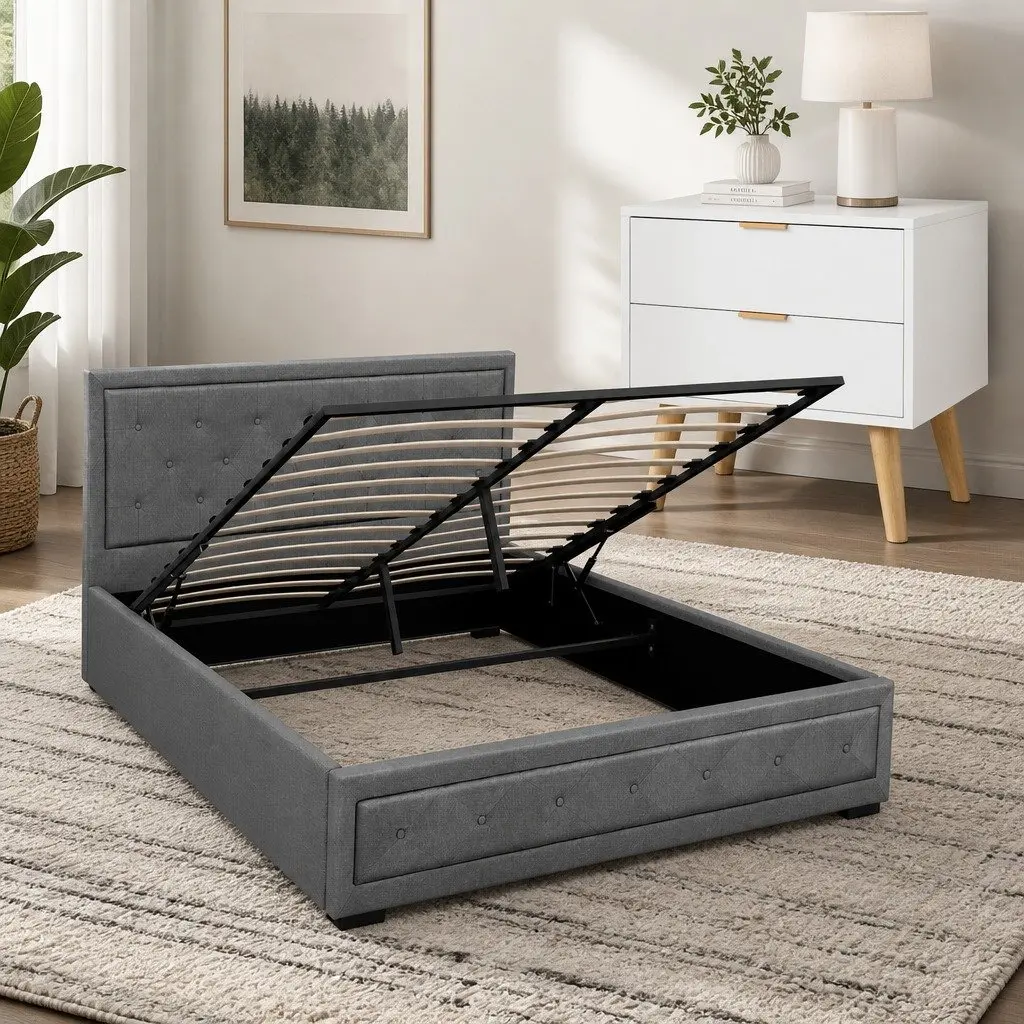 Queen Bed Frame with Gas Lift Storage and 2 Drawer Bedside Table Grey Linen Upholstered Contemporary Bedroom Furniture