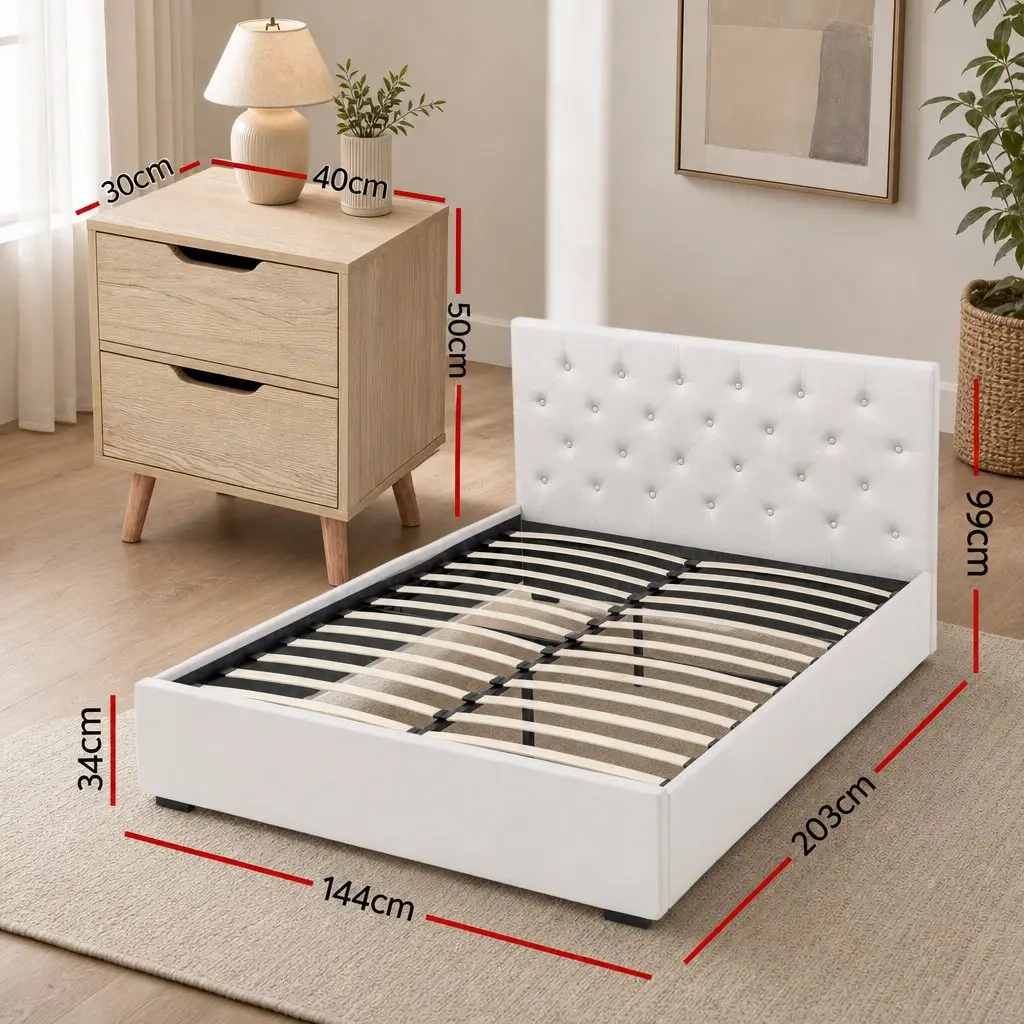 Double Bed Frame with Storage Gas Lift Base Tufted Headboard Beige and 2 Drawer Nightstand Black