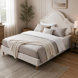 Queen Bed Frame with Scalloped Velvet Headboard and Storage