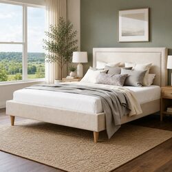 Queen Bed Frame with Sturdy Wood Construction and Upholstered Headboard