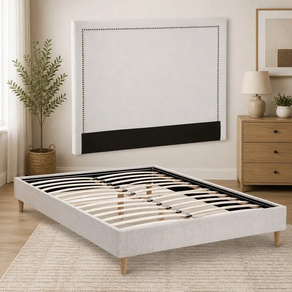 Queen Bed Frame Upholstered Headboard Platform Base Linen Fabric Beige