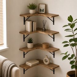 Floating Corner Shelf - Four Tier Wooden Wall Mounted Unit