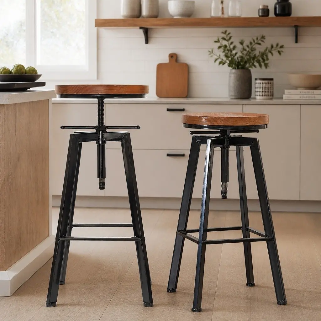 Industrial Bar Stool Adjustable Height Swivel Seat Vintage Style Wooden Metal