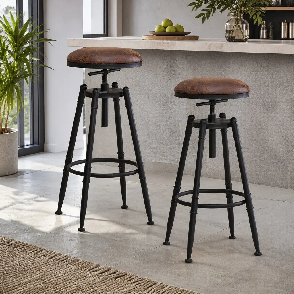 Industrial Bar Stools Set of 2 Kitchen Counter Height Adjustable Swivel Seat