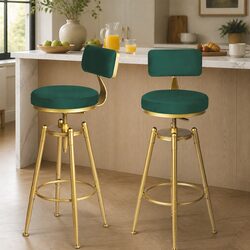 Adjustable Green Velvet Bar Stool with Footrest