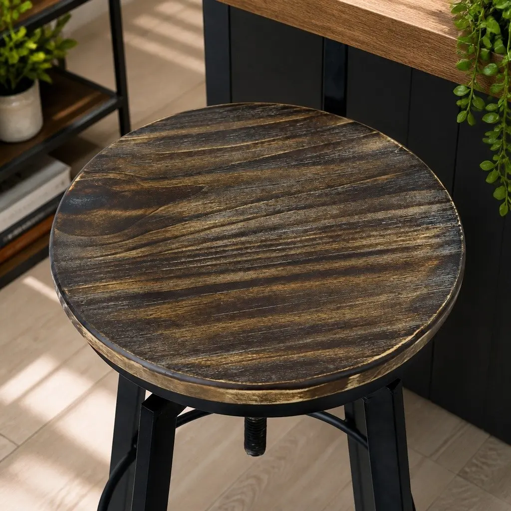 Industrial Bar Stool Adjustable Height 360 Swivel Pine Wood Brown
