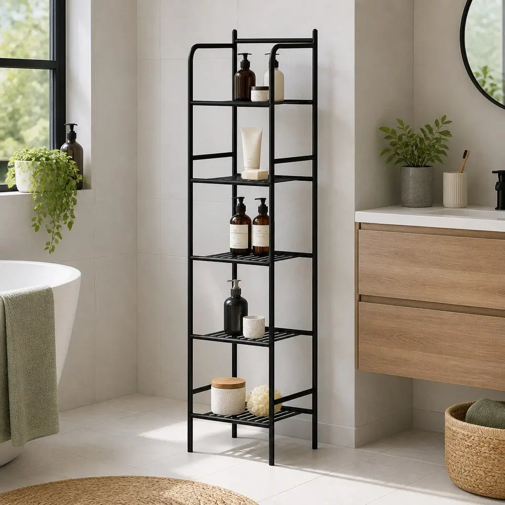 5 Tier Bathroom Storage Organizer Space Saving Floor Standing Corner Shower Caddy Black
