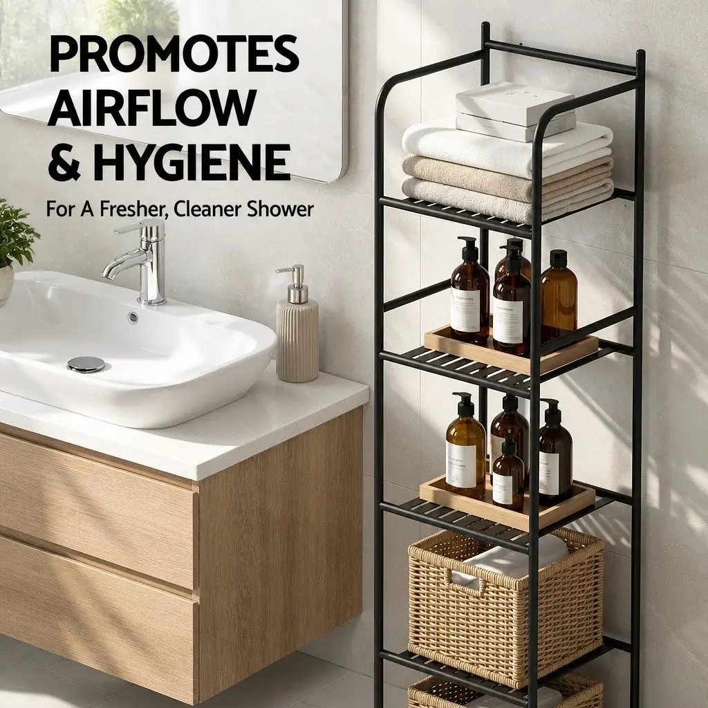 5 Tier Bathroom Storage Organizer Space Saving Floor Standing Corner Shower Caddy Black