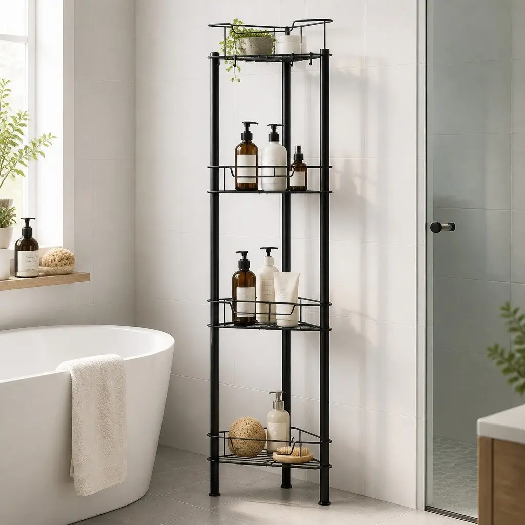 Floor Standing Shower Caddy Modular 4 Tier Storage Organiser Rustproof Black