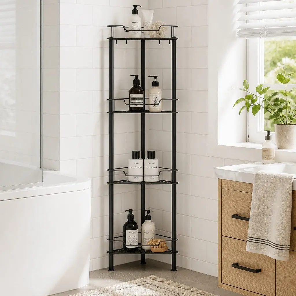 Floor Standing Shower Caddy Modular 4 Tier Storage Organiser Rustproof Black