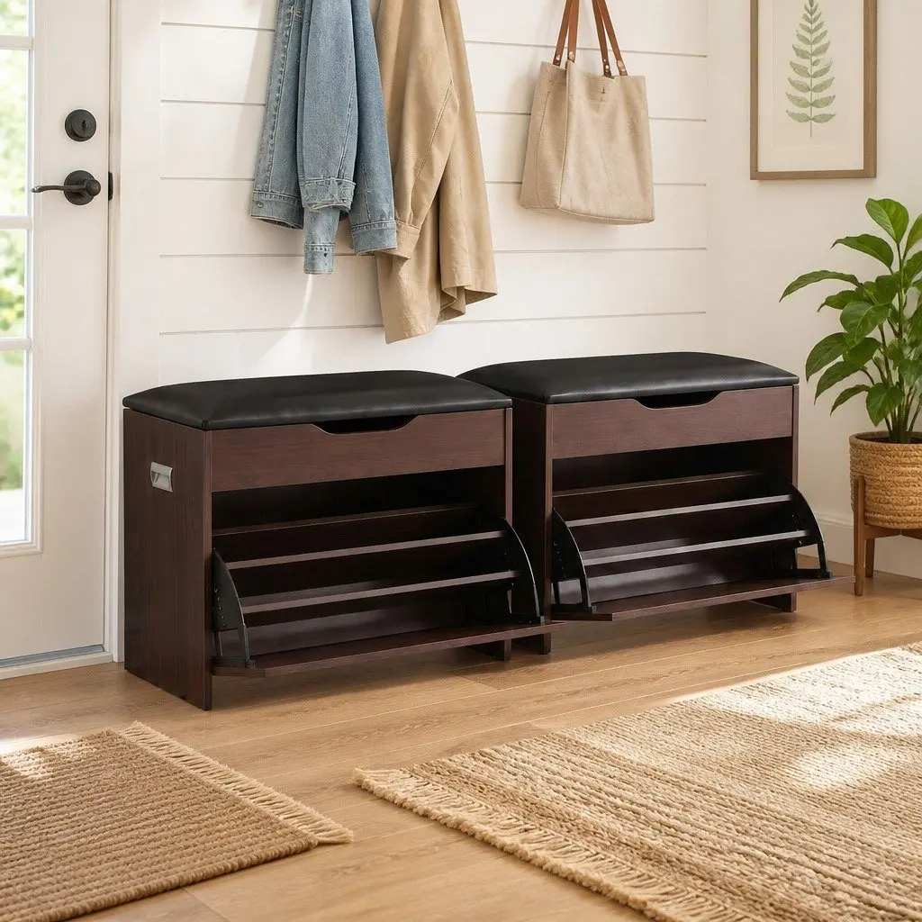 Shoe Bench with Lift-Up Seat Storage Cabinet 2 Piece Walnut