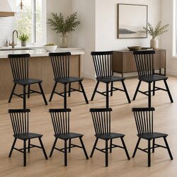 8x Windsor Dining Chairs Solid Wood Black Frame