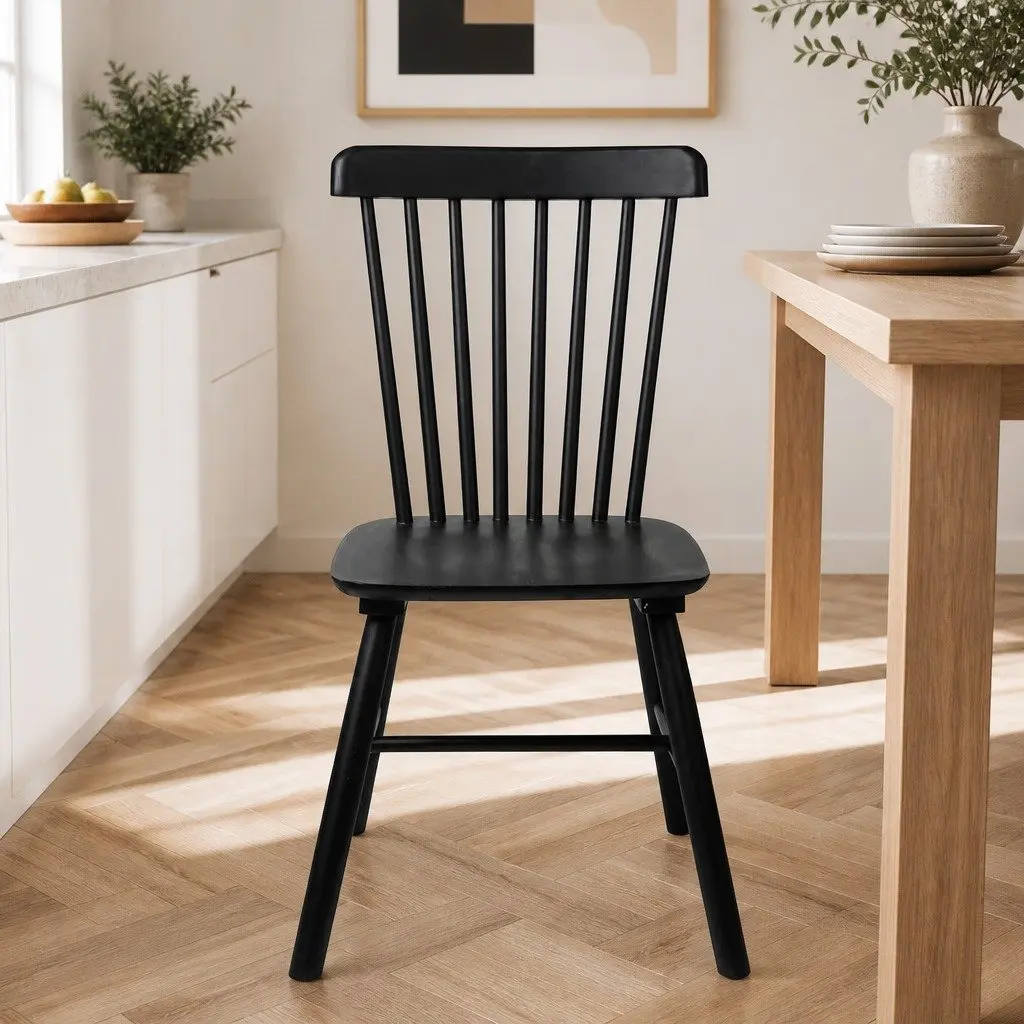 Dining Chairs 8x Windsor Kitchen Seating Black Frame Solid Wood Backrest
